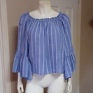 Elan Blue & White Bell Sleeve Off Shoulder Blouse